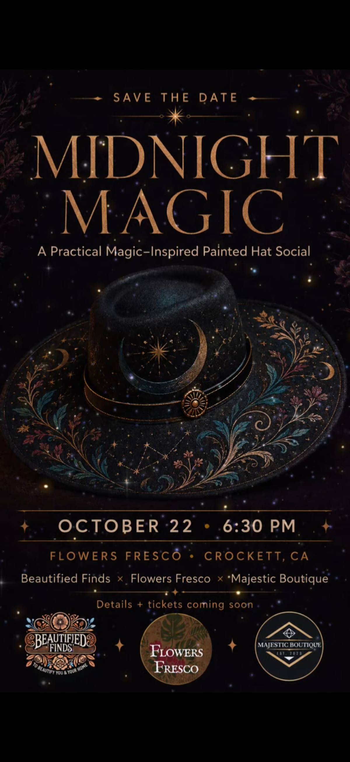🌙 ✨Practical Magical Hat Painting - Flowers Fresco, Crockett 10/22
